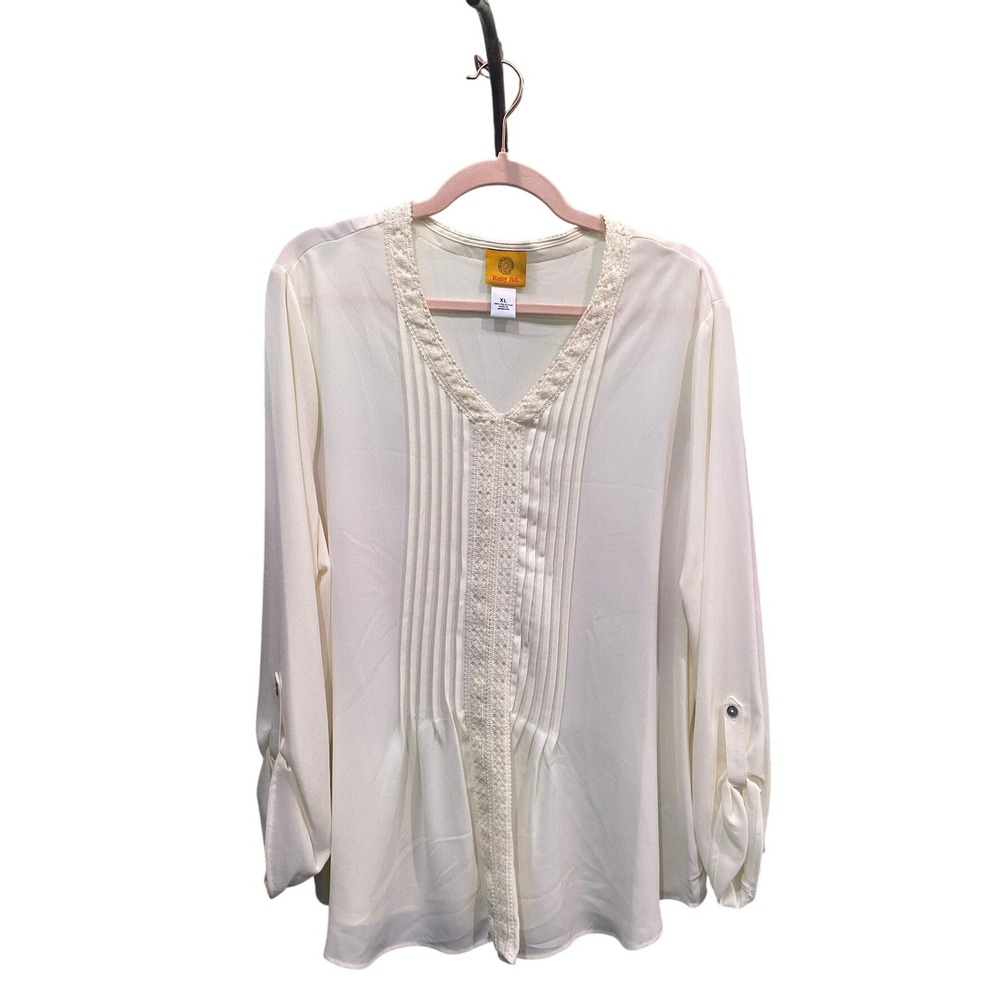 Boho Ruby rd Lace Trim Blouse Cottagecore Romantic prairie Cream Sheer Top XL